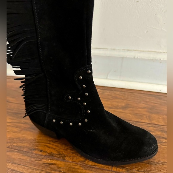 Over-the-Knee Black Leather/Suede Fringe Studded Cowboy Boots, Sz: 7 - Picture 6 of 10